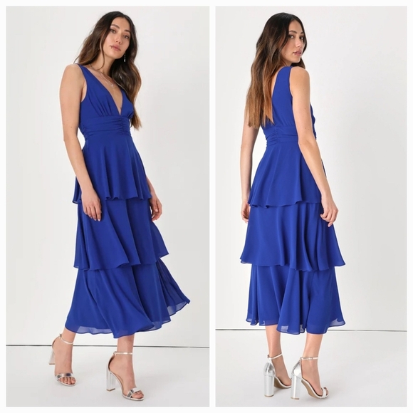 NWT Lulus Celebration Time Royal Blue Sleeveless Tiered Midi Dress Size M